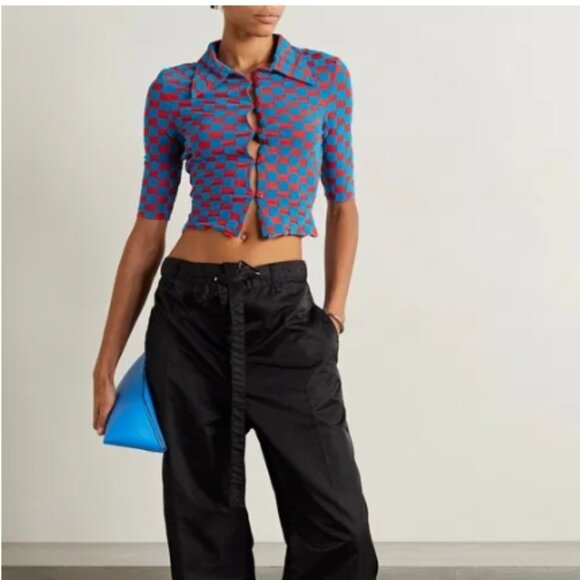 ROTATE Birger Christensen Miranda Red/Blue Mesh/Velvet Plaid CroppedShirt M $270 - Picture 9 of 14